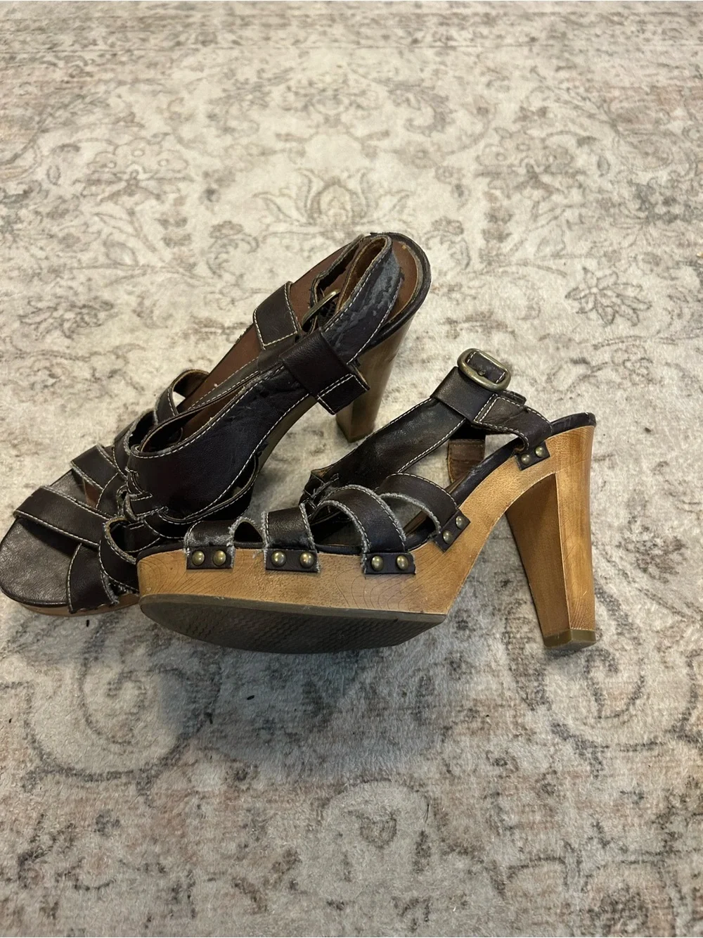 Women's Dark Brown Leather Strap Platform Heels